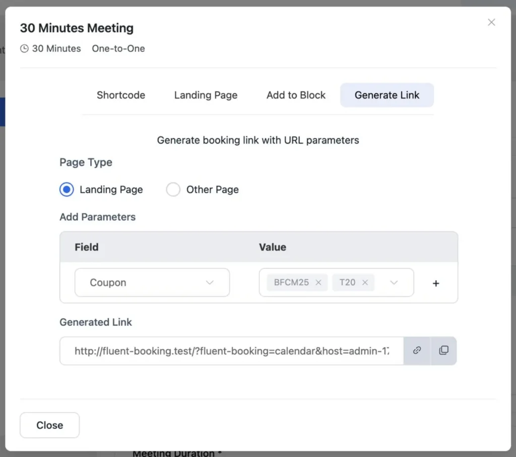 generate coupon link in fluent booking